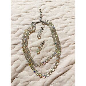 Vintage Double Strand Lead Crystal AB Necklace & Dangle Earrings Set Bridal 87g